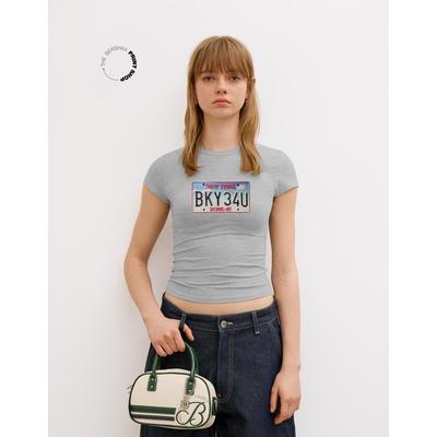 Bershka Short Sleeve T-Shirt With Print Women 10-12 Grey