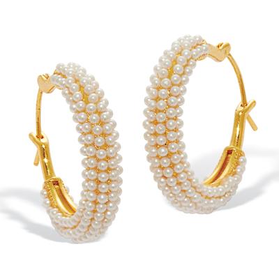 Women's White Round Simulated Pave-Style Pearl Goldtone Hoop Earrings by PalmBeach Jewelry in White (Size ONE SIZE)