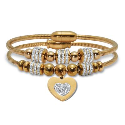 Women's Round Crystal Gold Ion-Plated Stainless Steel Heart Charm Bracelet Set 7-inch by PalmBeach Jewelry in White (Size ONE SIZE)