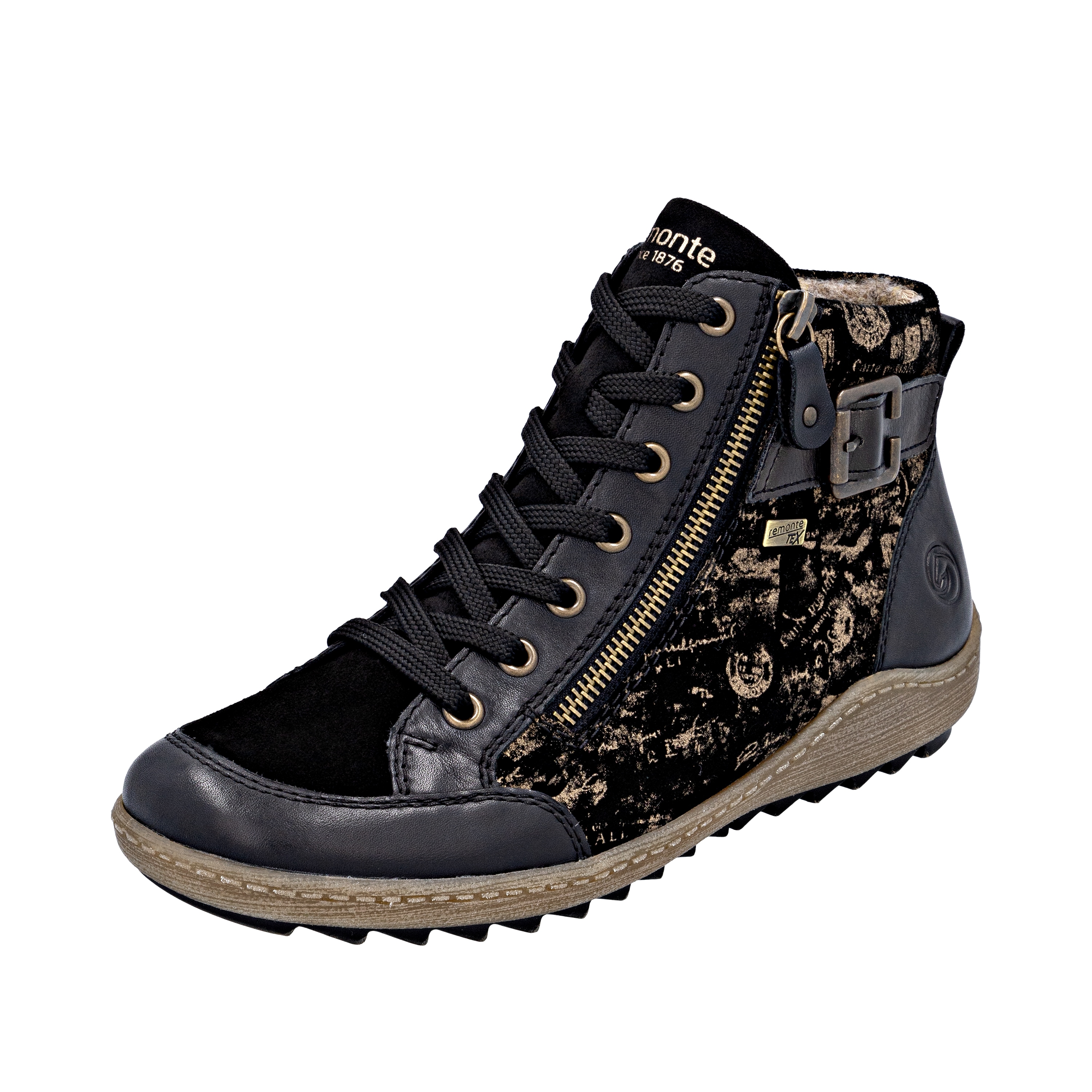 Schnürboots REMONTE, Damen, Gr. 41, bunt (schwarz, kupferfarben), Glattleder, Veloursleder, Basic, Schuhe Schnürboots, Winterboots, Stiefelette, Casual Boots, wasserabweisende TEX-Membran