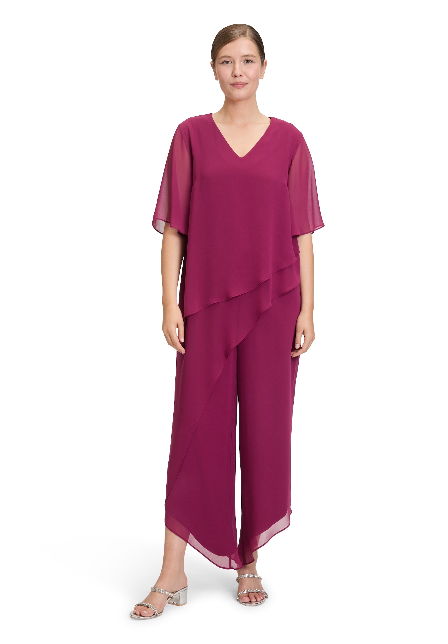 Overall VERA MONT "Damen Jumpsuit mit Stufen", Damen, Gr. 42, rosa (sweet berry), Chiffon, Obermaterial: 100% Polyester. Futter: 100% Polyester., loose fit, V-Ausschnitt, Overalls Image