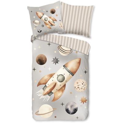 Kinderbettwäsche GOOD MORNING "Exploree", grau (hellgrau), B/L: 135cm x 200cm, , Renforcé, B/L: 80cm x 80cm, Renforcu00e9, Obermaterial: 100% Baumwolle, Bettwäsche, Baumwolle, Renforcé, Wendeoptik, Kind, Junge, Weltall, Rakete