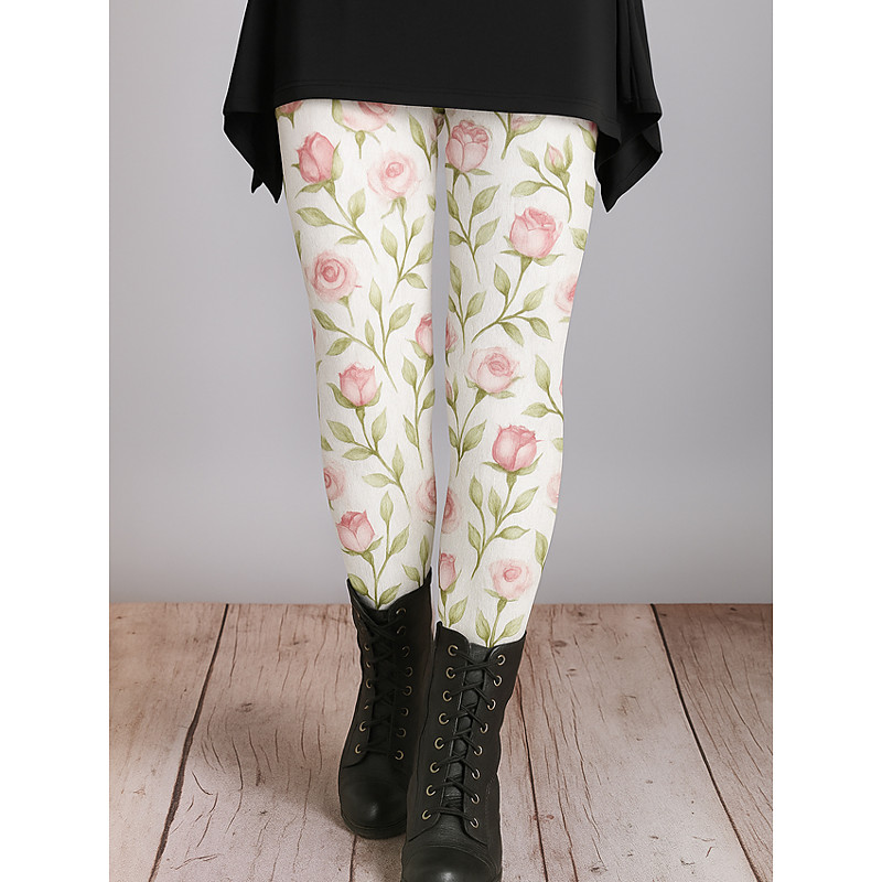 Women's Leggings Vacation Vintage Ethnic Style Ankle-Length High Waist Floral Graphic Abstract 3D Print Quick Dry Breathability Soft Stretchy Daily Home Outdoor White Pink Green Fall Regular Fit