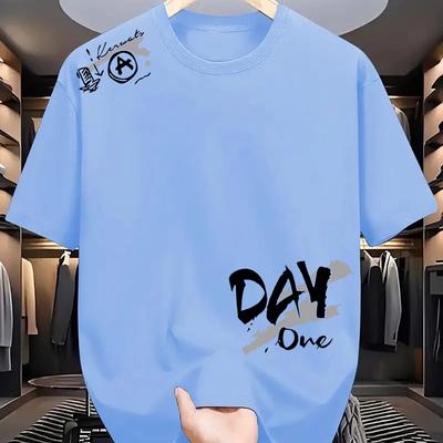 "TEMU 1pc Men's Summer Casual T-shirt With "day One" Letter Print & Music Graphic, Breathable Round Neck Short Sleeve, Regular Fit Machine Washable Tee For Casual Attire" Image