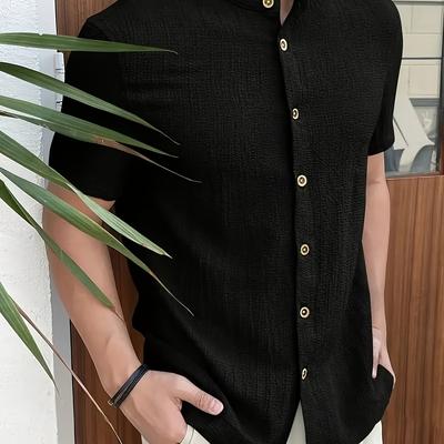 TEMU Men's Lightweight Navy Blue Short Sleeve Button-up Shirt - Stand Collar, Polyester, Machine Washable, Spring, Summer, And Fall Image