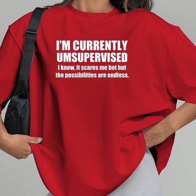 "TEMU Plus Size Women's Graphic T-shirt - "i'm " Slogan Print, Vibrant Red Casual Short Sleeve Crew Neck Top For , Trendy Plus Size Clothing, Everyday Tee, Relaxed Fit Shirt" Image