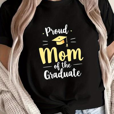 TEMU Mom Of T-shirt - Women's Short Sleeve Crew Neck Casual Top With Graduation Cap & Geometric Print, Medium Washable For Graduation Celebration Gift, Relaxed Fit Tee, Comfortable Fabric Image