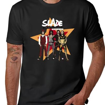 TEMU Slade Band Glam Rock Graphic T-shirt For Men - Black Cotton Tee With Colorful Star And Band Print, Casual Round Neck, Wear, Tshirt Glam Tee Image