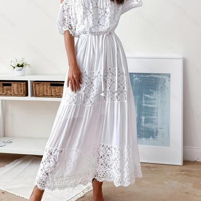 TEMU Plus Size - Women's Yellow Lace Off-shoulder Maxi Dress With Ruffle Sleeves And Detailing - Vacation, Beach, And Casual , Beach Attire|lace Detailing|stretchy Fabric Image