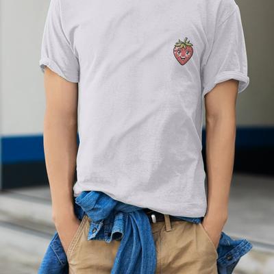 TEMU Cartoon Strawberry Print Men's Short Sleeve T-shirts, Comfy Casual Crew Neck Tops For Men's Outdoor Activities Image