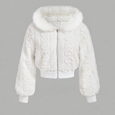 TEMU 1pc Elegant Polyester 100% Fur Hooded Cropped Jacket, Solid Color Knit Fabric, Fall/winter Warm Outerwear Image