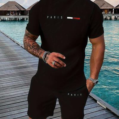 "TEMU Men's "paris" Graphic T-shirt& Shorts Set- Black, Breathable Polyester, Casual Sports Attire For Summer, Outdoor Activities& Training, Casual Summer Wear| Graphic Print Tee| Polyester Fabric" Image