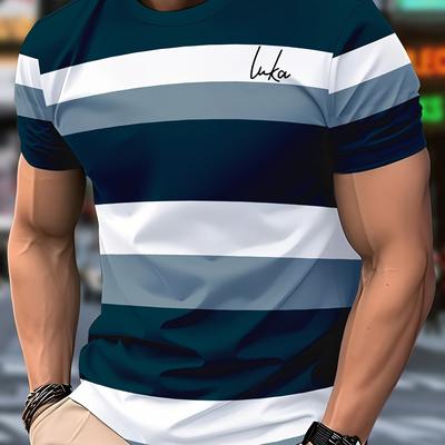 "TEMU Men's Casual Crew Neck T-shirt With "" Print - Navy Blue, White & Light , Short Sleeve, Regular Fit, Casual Attire|striped Tee| Stretch Fabric" Image