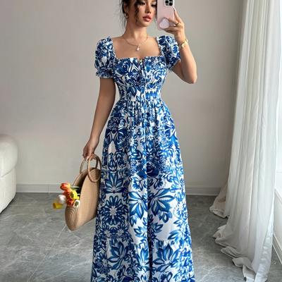 TEMU Women's Elegant Floral Print Long Dress With Puff Sleeves, Front Tie Waist, And High-low Hem - Vacation, Date Night, And A Look, Floral Print Dress Image