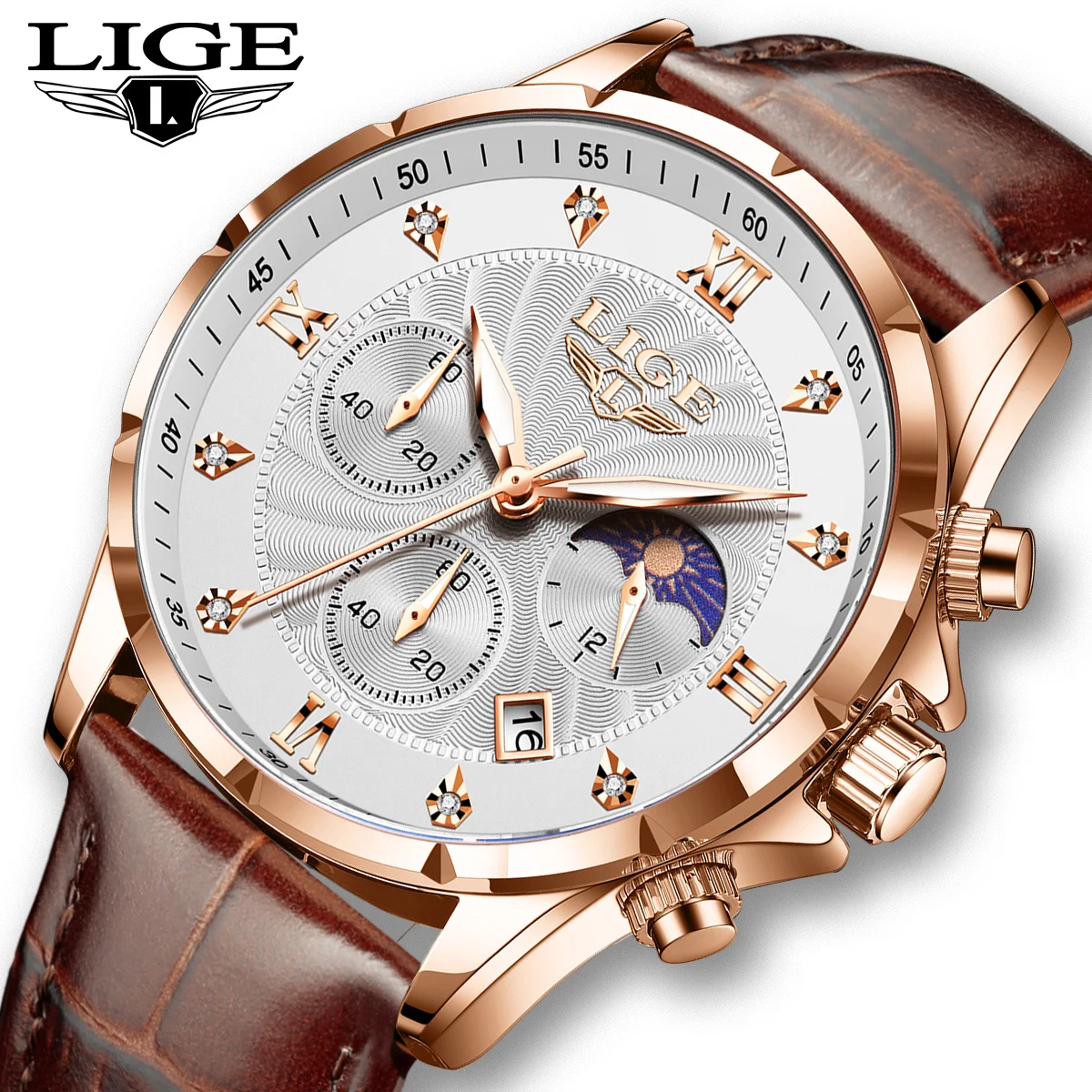 LIGE Mann Uhr Original Bewegung Mode Sport Quarz Uhren Männer Wasserdicht Datum Mond Phase Herren Uhr Chronograph Uhr Männlich
