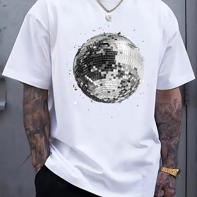 TEMU Men's Disco Ball Graphic T-shirt-sparkling , Casual Crew Neck Short Sleeve Tee, Regular Fit, Summer Vacations Image