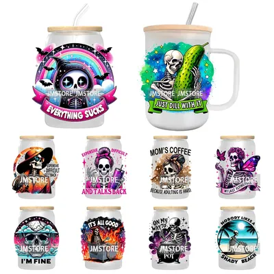 Anti soziale snarky skeleton schädel uv dtf transfer aufkleber aufkleber für libbey kalte becher becher haltbare wasserdichte benutzer definierte logo etiketten Image