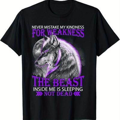 "TEMU Men's Slim Fit Wolf Print Cotton T-shirt - "never My " Graphic, Casual Short Sleeve Crew Neck, 100% Cotton, Machine Washable, Wear, Wolf T Shirt" Image