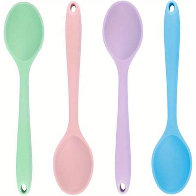 TEMU 4pcs Silicone Cooking Spoons In Pink, Green, Blue, And Purple - Heat-resistant, Mixing Spoons For Baking, Stirring, And Kitchen Use - Dishwasher Safe