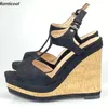 Ronticool 2021 handgefertigte Damen-Plateau-Sandalen mit T-Riemen, sexy Schnalle, Keilabsatz, offene Zehen, elegante schwarze Freizeitschuhe, US-Größe 5–20
