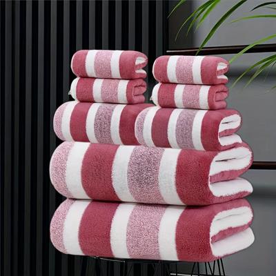 TEMU 8pcs Set Of , Super Absorbent And Super Soft Hotel Standard Two-color Striped Bath Towel Set, Including 2 Large Bath Towels, 2 Large Face Towels And 4 Hand Towels Image