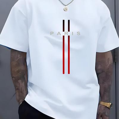 TEMU Mens Casual Paris Letter Print T-shirt - 100% Knit Breathable Fabric, Slightly Elastic Loose Fit Short Sleeve Tee For & Casual Attire Image