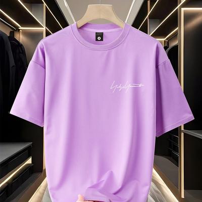 "TEMU Men's Trendy Loose-fit Round Neck T-shirt - Casual Summer Short Sleeve With Simple "light" Letter Print, Versatile , Ideal Gift" Image