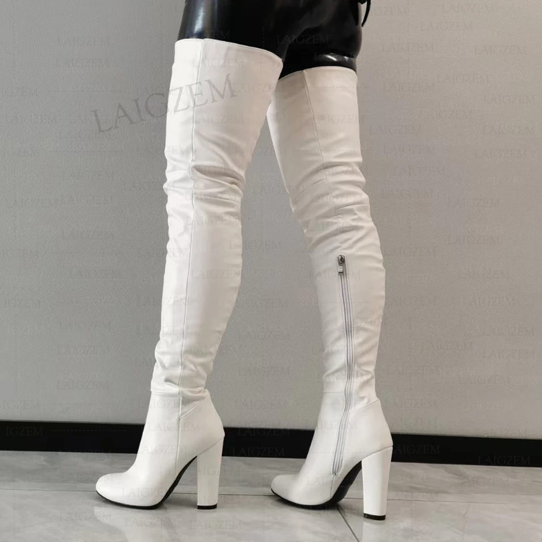 DOHBANER Frauen Oberschenkel Hohe Stiefel Seitlichem Reißverschluss Kunstleder Quadratische High Heels Über Knie Hohe Stiefel Schuhe Frau Große Größe 40, 43, 45, 47 52