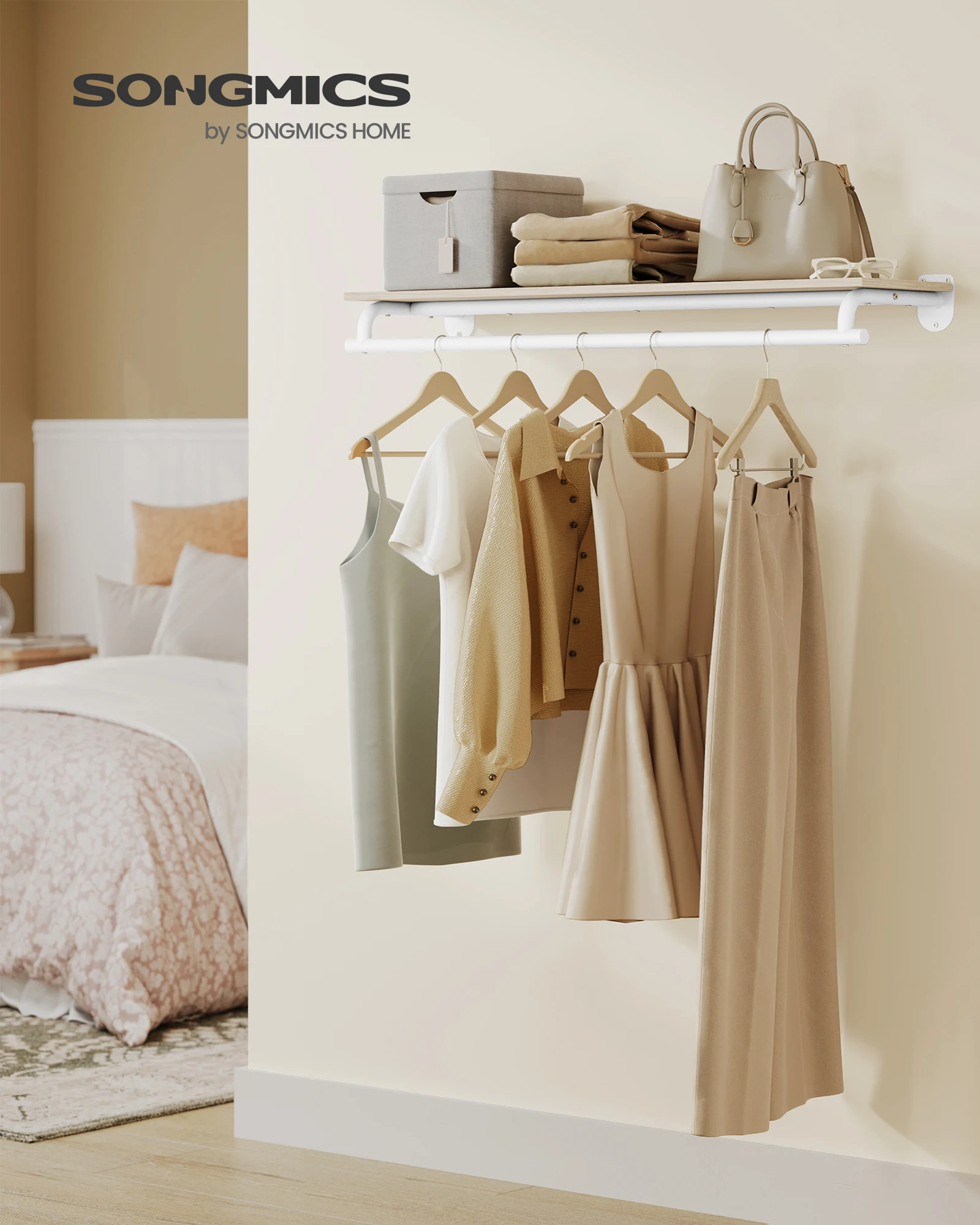 SONGMICS Wandgarderobe, Garderobe, Wandregal mit Kleiderstange, Gesamtbelastbarkeit 60 kg, 28 x 109 x 13,2 cm, für Schlafzimmer