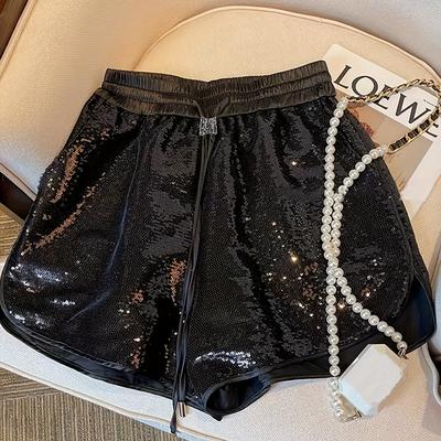 TEMU Black Sequin Shorts For Women, Summer Shiny Elastic Waist Drawstring Nian Nian Image