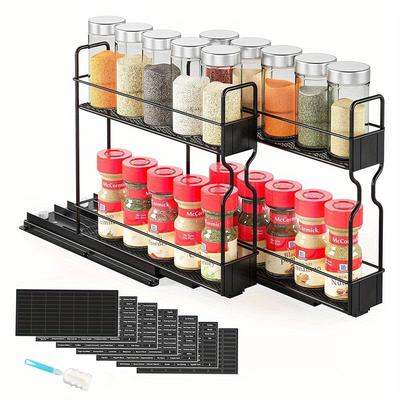 TEMU 2 Packs 2 Tier Pull Out Spice Rack Organizer For Cabinet, Spice Rack Organizer Shelf With Labels, Durable Slide Out Drawer For Cupboard, Spice Pull Out Cabinet Organizers Image