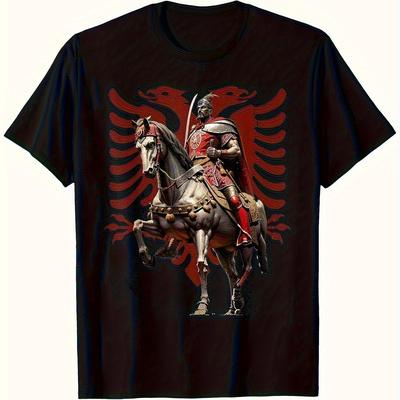 TEMU Albania And Graphic-shirt- Casual Round Neck Tee With Design, Black, Size S, Albanians Cultural Design Tee Glossy Fabric Image
