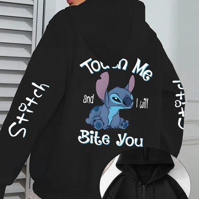 TEMU And Stitch Double-sided Print Pattern, Licensed Women's Hooded Sweatshirt, Zipper Drawstring Hoodie, Long Sleeve Round Neck Zipper Hooded Sweatshirt Casual Long Sleeve Double Pocket Sweatshirt Image
