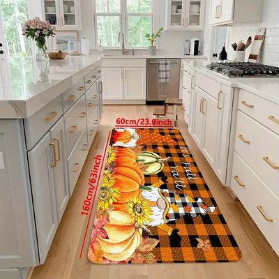 TEMU 1pc Polyester Kitchen Rug - Thanksgiving Theme With Pumpkin And Sunflower Patterns - Machine Washable Soft Floor Mat For Home And Bathroom Decor Image