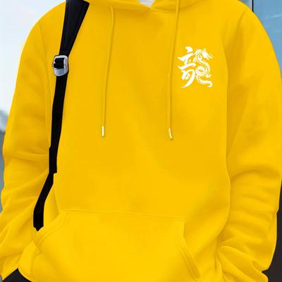 TEMU Chinese Character Dragon Print Men's Pullover Round Neck Hoodies With Kangaroo Pocket Long Sleeve Hooded Sweatshirt Loose Casual Top For Autumn Winter Men's Clothing As Gifts Image