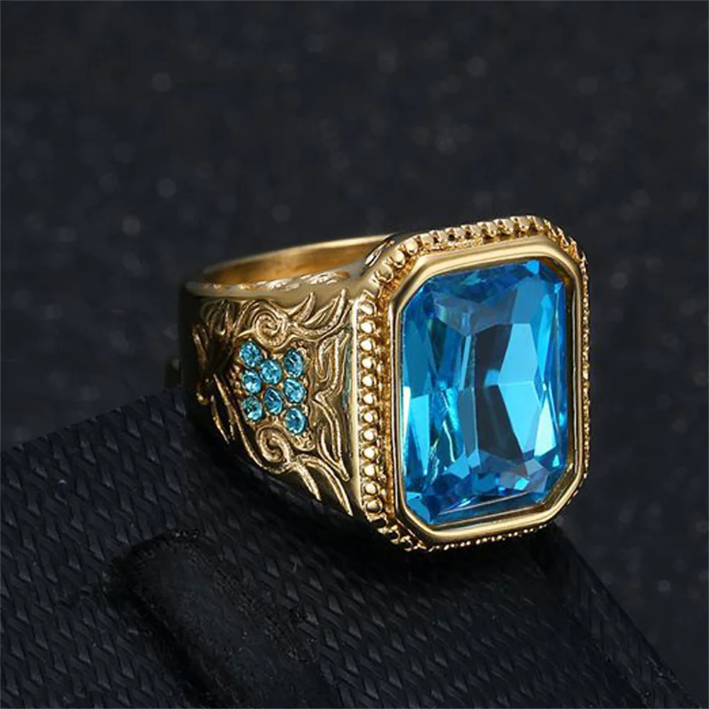 Hip Hop Iced Out Bling Quadrat Ring Gold Farbe Edelstahl Bule CZ Große Party Ringe Für Männer Mode Schmuck Männlichen Geschenk 2025