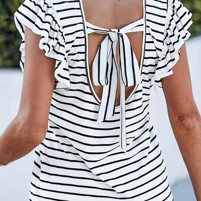 TEMU 1 And White Striped Tie Sleeve T-shirt For Summer Image