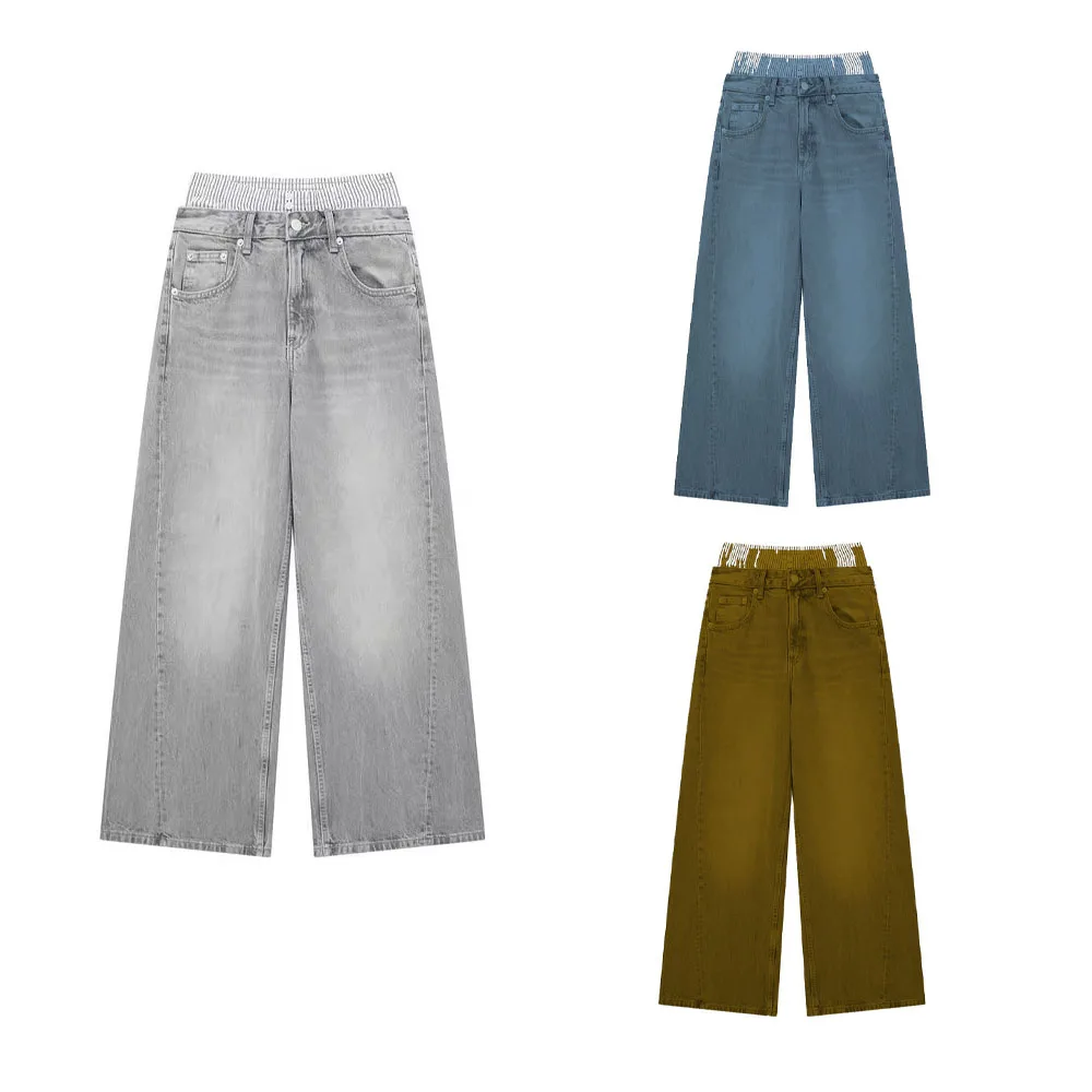 PRINTKAOIR Frauen Vintage Denim Hose Patchwork Jeans Zipper Fly Gerade Hosen Weibliche Mode High Street Grau Denim Hose