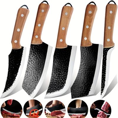 TEMU 5pcs Hand Butcher Knife Set, Serbian Chef Knife, Meat Knife, Boning Knife, Butcher Knife, High Carbon Steel Meat Cutting Knife For Home Kitchen & Outdoor Image