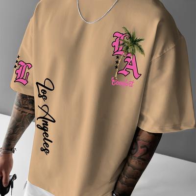 TEMU Men's Casual Los Angeles Graphic T-shirt - Pink With Palm Tree & Letter Print, Breathable Polyester, Loose Fit, Round Neck, Short Sleeve Streetwear For Summer, Plus Size Image