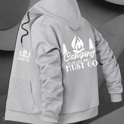 "TEMU Men's Trendy Casual Hooded Jacket With "camping Is A " Print - Gray Zip-up Polyester Coat, Regular Fit, Front Pockets For , Camping Gear" Image