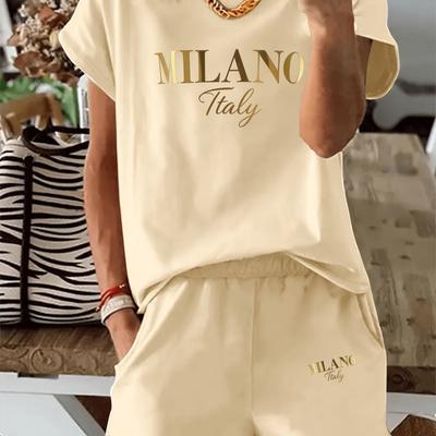 TEMU Italy Graphic Two-piece Women's Set - Casual Crew Neck Short Sleeve T-shirt & Elastic Waist Pocket Shorts, Beige, Spring/summer Collection, Two-piece Outfit|relaxed |elastic Waistband Short Image