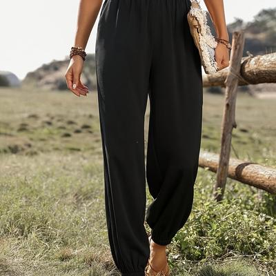 TEMU Women's High-waisted Jogger Pants With Drawstring Waist & Fringe Hem - Stretchy, Comfortable, And Versatile Solid Color Casual Pants For Spring/summer/fall, High Waisted Leggings Image