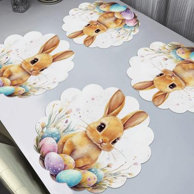 TEMU 4pcs Easter Table Mats - Cute Rabbit & , Anti-slip Polyester Placemats, 15x15 Inch Round, , Hand Wash Only, For Holiday Dinner Parties & Home Decor, Festive Party Accessories Image
