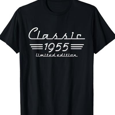 TEMU Men's Vintage 1955 Edition Cotton T-shirt - 70th Birthday Gift For Dad, Black With White Geometric Print, Soft Breathable Fabric, Regular Fit Short Sleeve, Machine Washable, Fathers Day T Shirts Image