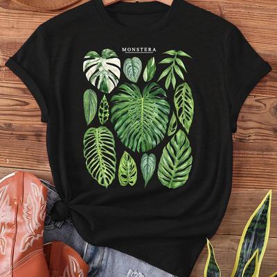 TEMU Women's Monstera & Philodendron Tropical Leaf Print T-shirt - Dark Grey Semi-sheer Short Sleeve Crew Neck Top For Summer & Spring, Casual Botanical Tee For Plant Lovers Image