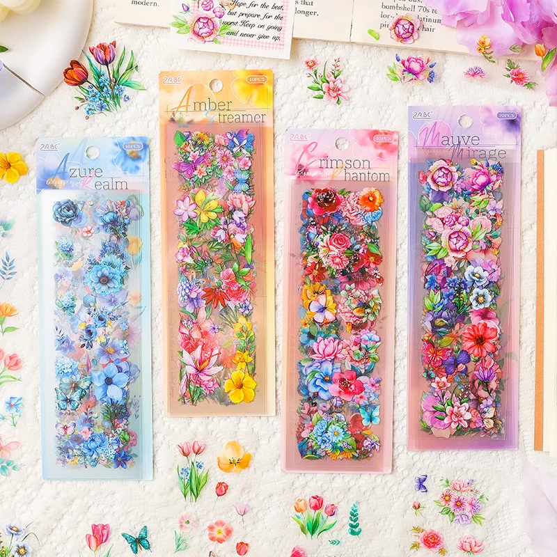 10 Stück wasserfeste Retro-Blumenaufkleber, lange dekorative Aufkleber, künstlerisches Journaling-Zubehör Image