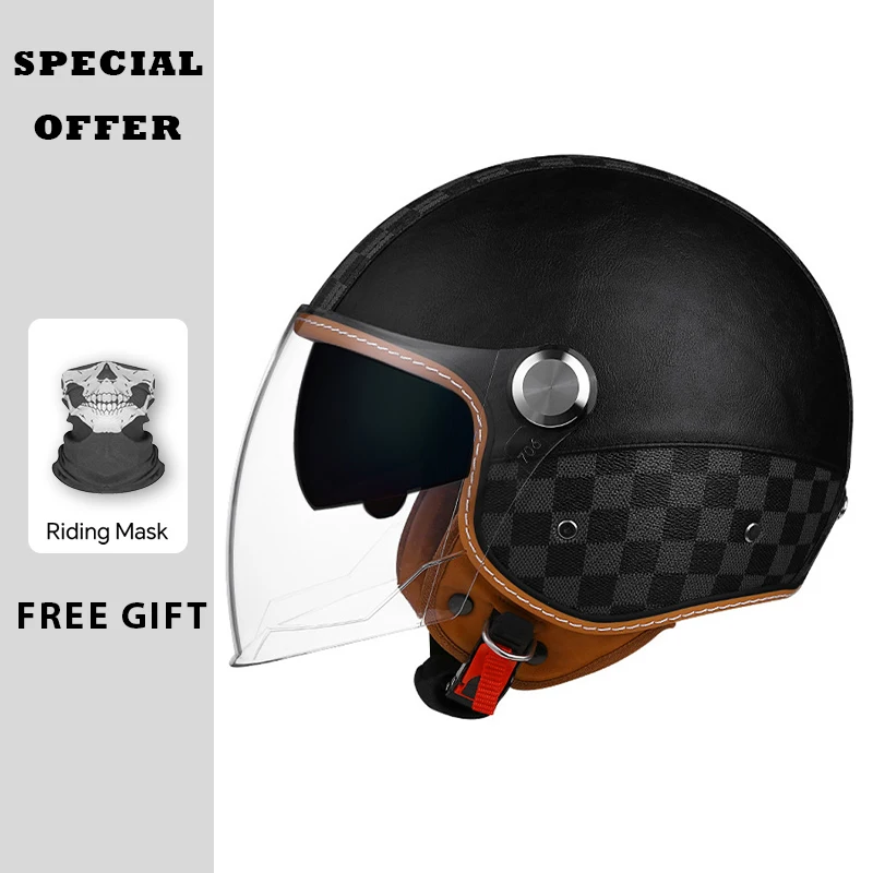 Schwarzes Leder Open Face Motorradhelme Männer Frauen Vintage Jet Moto Helm DOT Retro 3/4 Halbhelm Pedal Persönlichkeit Roller