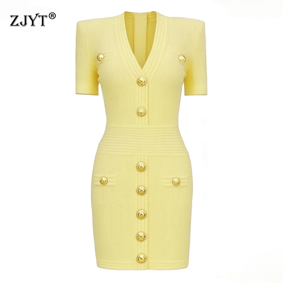ZJYT Summer Designer Guaina da donna aderente in maglia maglione Abito a maniche corte con scollo a V Bottoni Abiti da festa slim fit Giallo