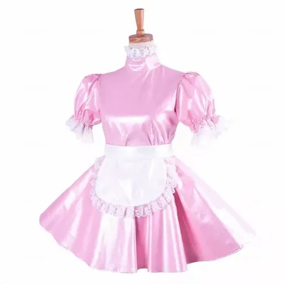 Sissy Rosa Kleid PVC Weiß Spitze Rand Schürze Abschließbar Cosplay Sexy Maid Halloween Party Kostüm Angepasst Image